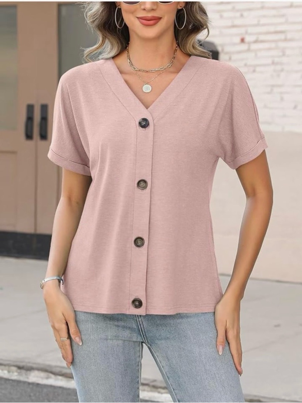 2 Women’s V-Neck Button Front Top - Apricot and white